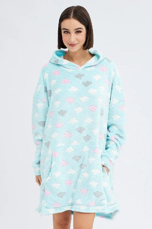 Green Cloud Print Cosy Blanket Hoodie PJ