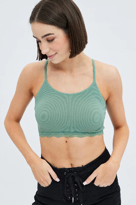 Green Bralette Lace Trim Seamless