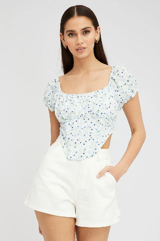 Blue Ditsy Crop Top Short Sleeve Square Neck