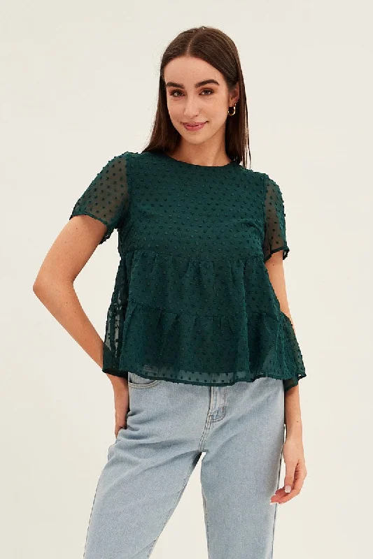 Forest Dobby Chiffon Flutter Sleeve Tiered Hem Top