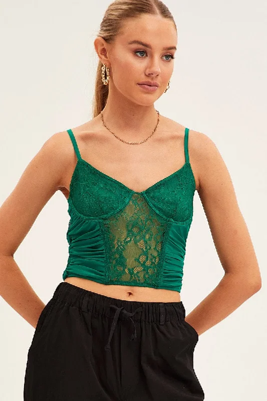 Green Singlet Sleeveless Sweetheart Crop Lace