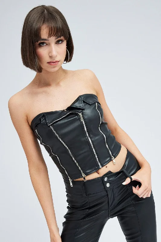 Black Top Sleeveless Strapless Biker Zip Faux Leather