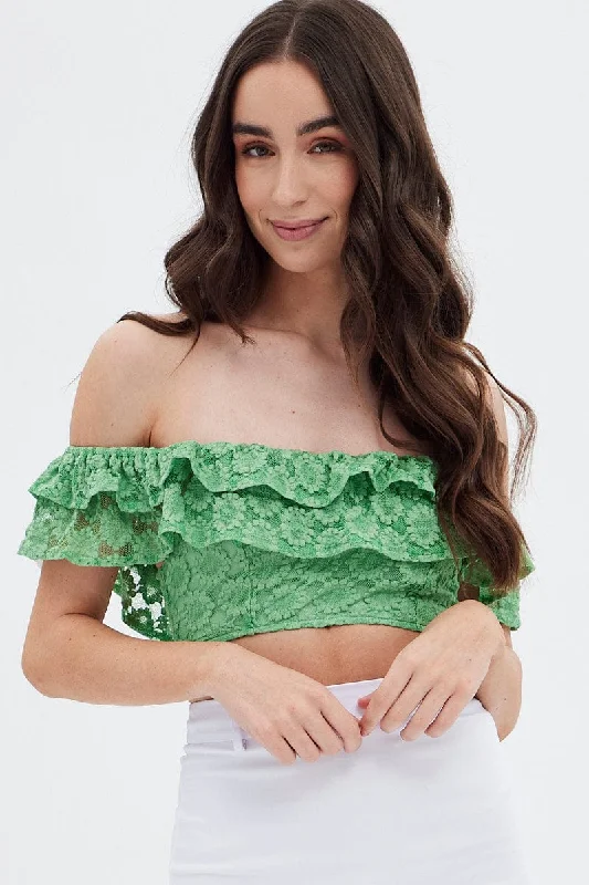 Green Sleeveless Lace Crop Top