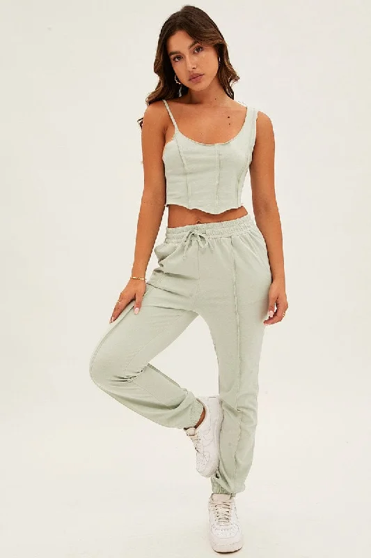 Green Crop Singlet Loungewear Set