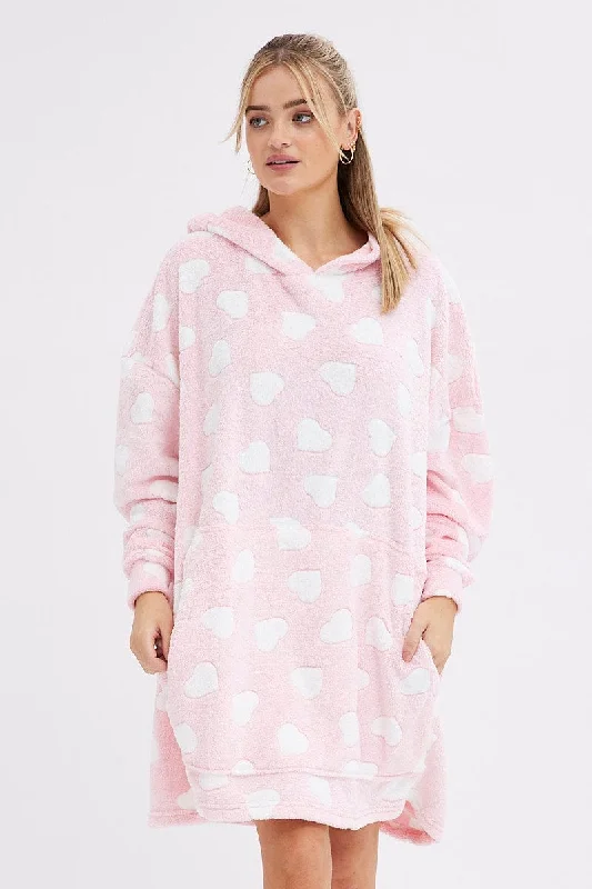 Pink Heart Print Cosy Blanket Hoodie PJ