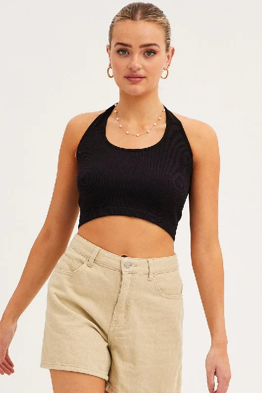 Black Halter Top Round Neck Seamless