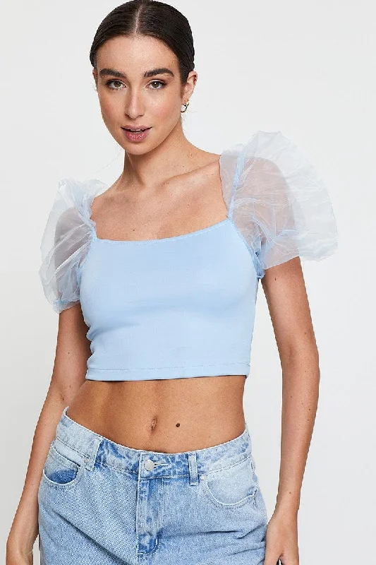 Blue Designer Organza Puff Shoulder Top