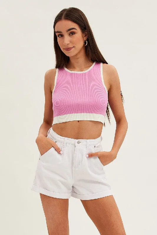 Pink Crop Top Knit Contrast Binding