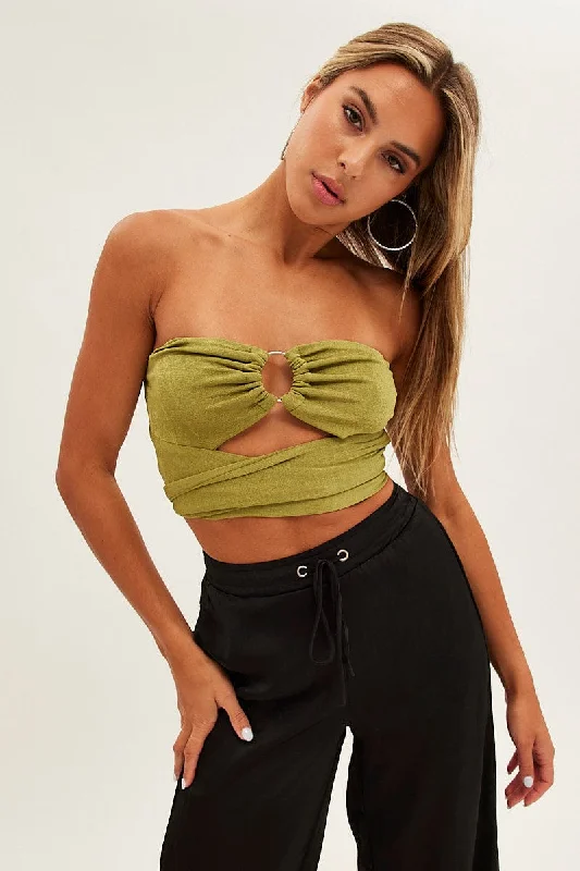 Green Ring Detail Strapless Crop Top