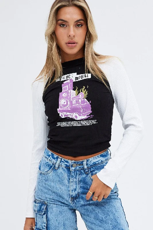 Black Top Long Sleeve Crew Neck Longline Rock Graphic