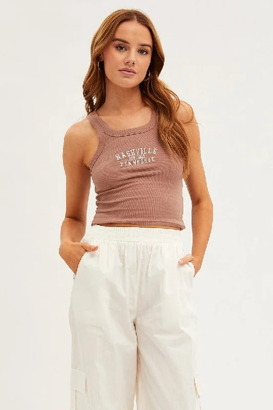 Brown Nashville Embroidered Crop Singlet Top