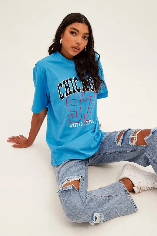 Blue Chicago Tee Short Sleeve Round Neck Embroidered