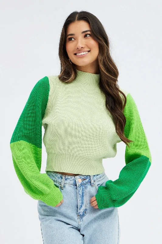 Green Knit Jumper Colour Block