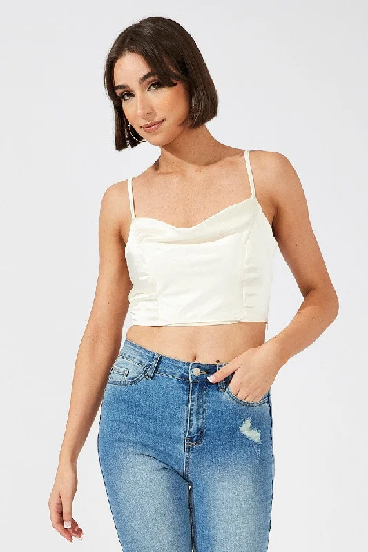 White Cami Top Sleeveless Cowl Neck Crop Satin