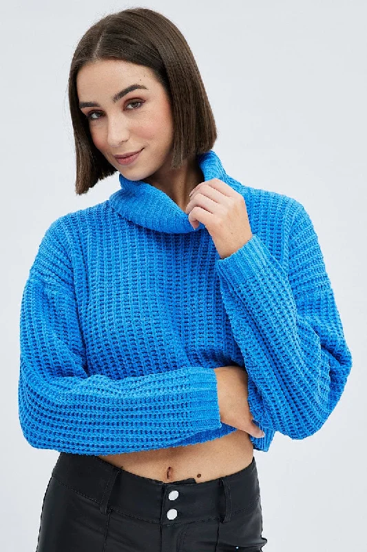 Blue Knit Jumper Turtle Neck Chenille