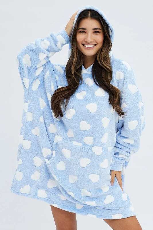 Blue Print Heart Print Cosy Blanket Hoodie PJ