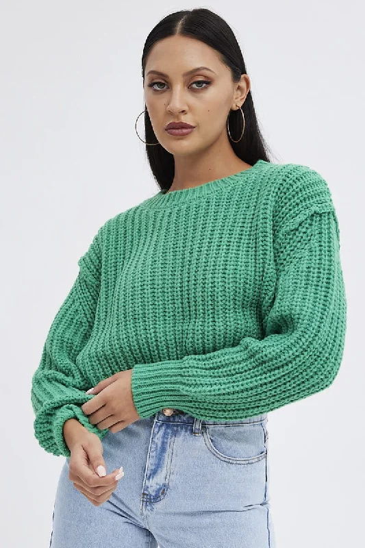 Green Knit Top Round Neck Long Sleeve Crop