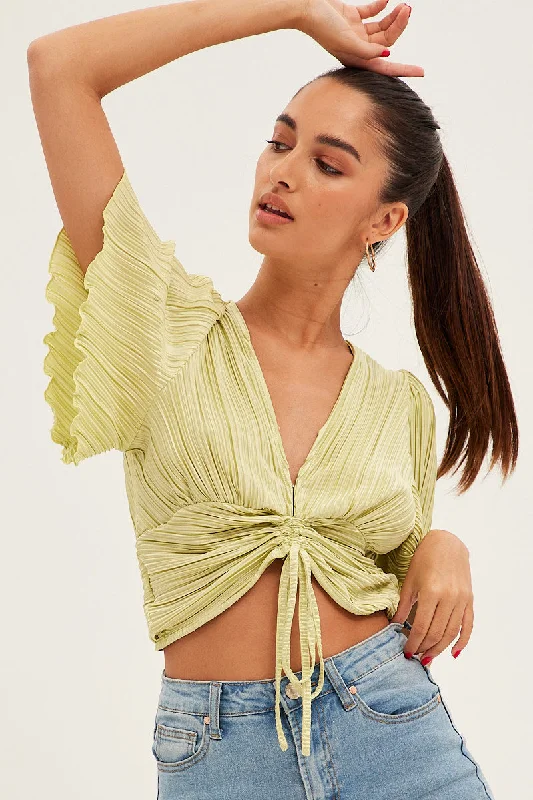 Green Crop Top Short Sleeve Plisse Ruched Front