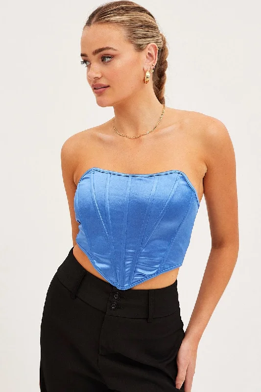 Blue Bandeau Sleeveless Strapless Stretch Satin