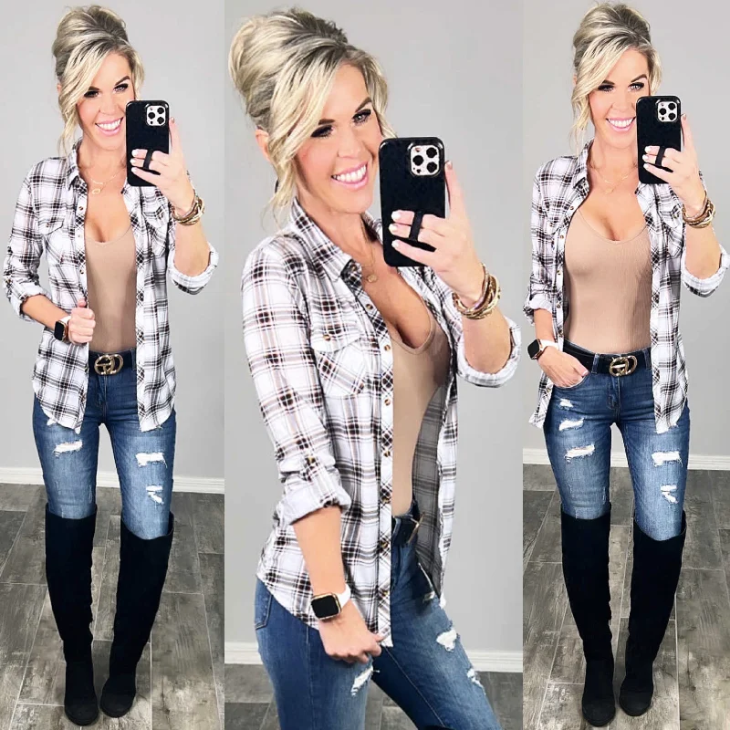 Penny Plaid Flannel Top - Ivory/Brown