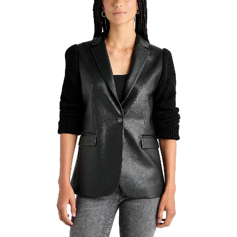 Splendid Womens Adina Faux Leather Mixed Media One-Button Blazer