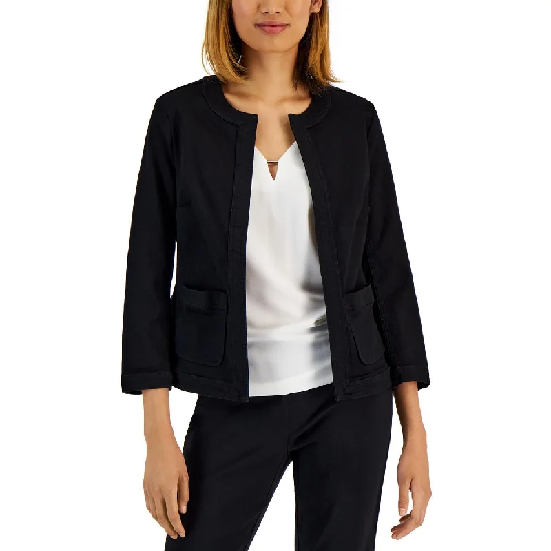 Kasper Womens Denim Collarless Open-Front Blazer