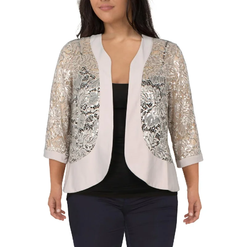 R&M Richards Womens Plus Lace Sequined Open-Front Blazer