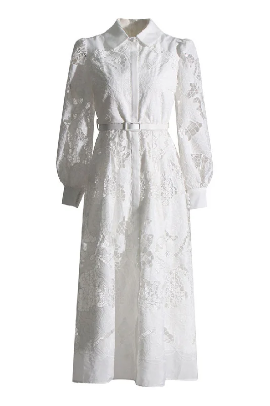 Elegant Collared Button Up Floral Cutwork Bishop Sleeve Shirt Midi Dress