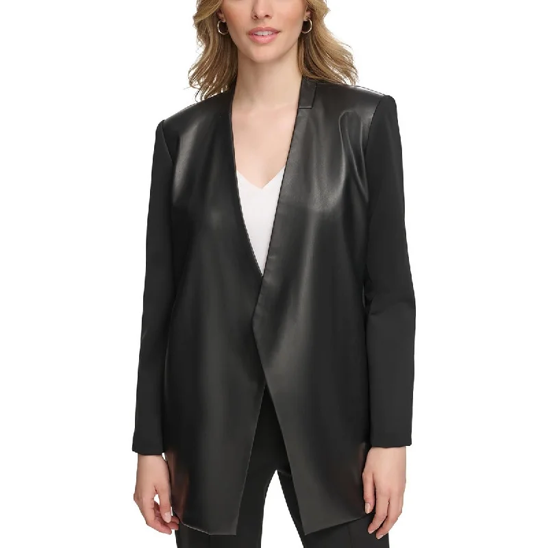 Calvin Klein Womens Faux Leather Work Wear Open-Front Blazer