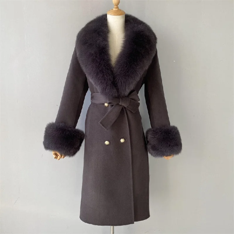 Women's Charcoal Gray Cashmere Real Fox Fur Collar Long Winter Jacket