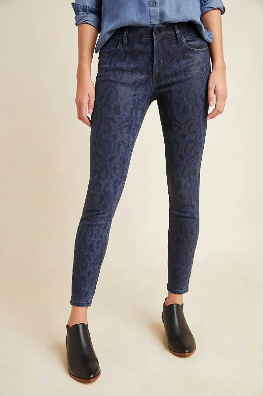 Charlie High Rise Coated Snake Print Skinny Jeans In Navy Blue