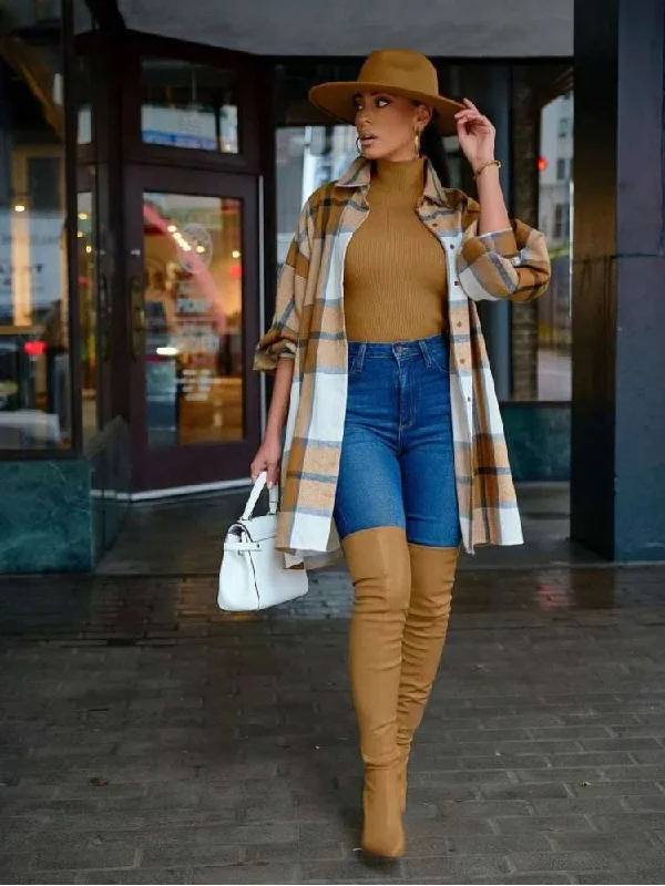 Contrast Color Plaid Long Sleeve Blouses