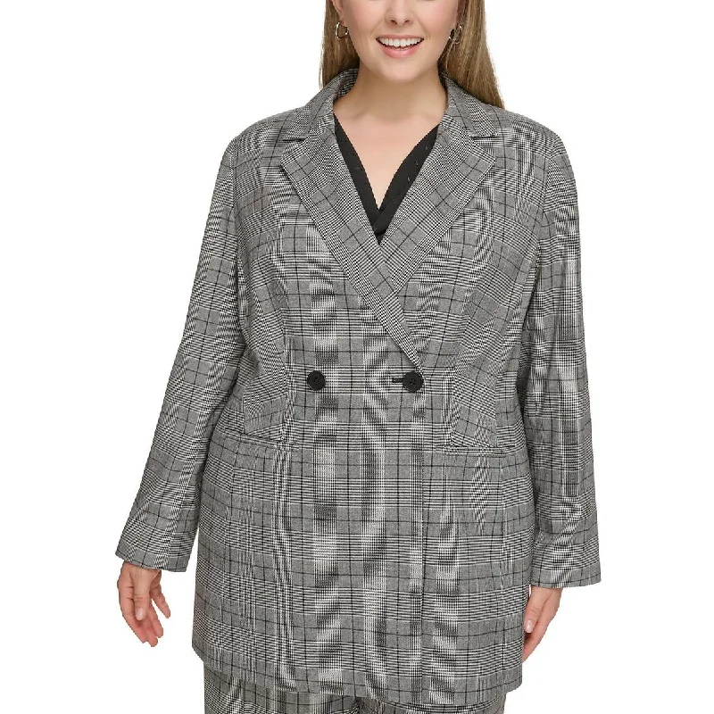 Calvin Klein Womens Plus Plaid Wear to Work Two-Button Blazer