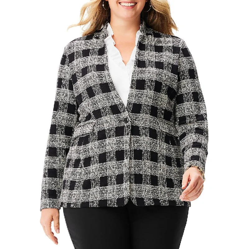 Nic + Zoe Womens Plus Plaid Jacket One-Button Blazer