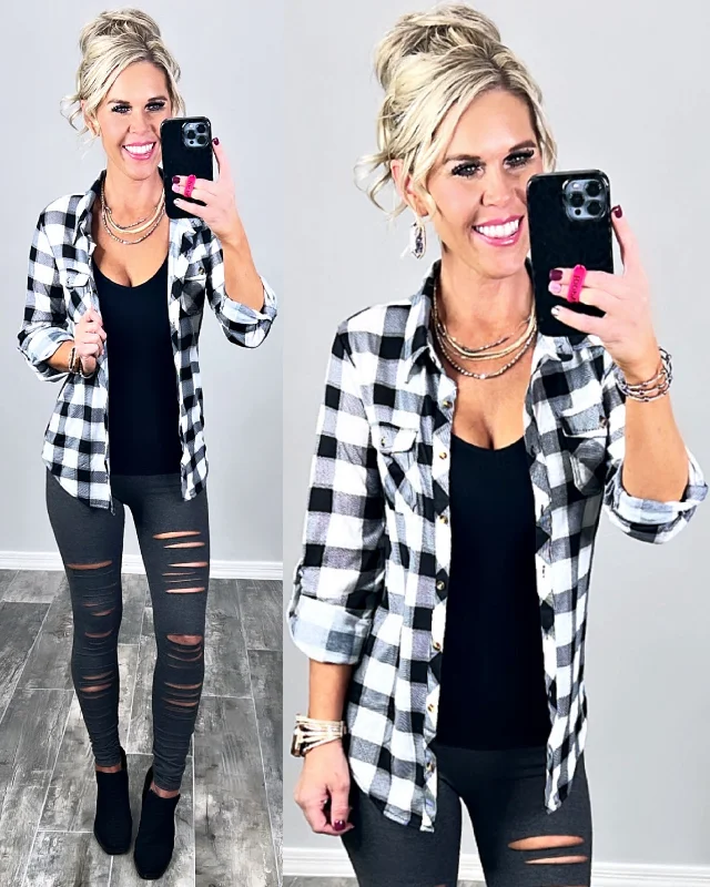 Penny Plaid Flannel Top - Black/White/Grey