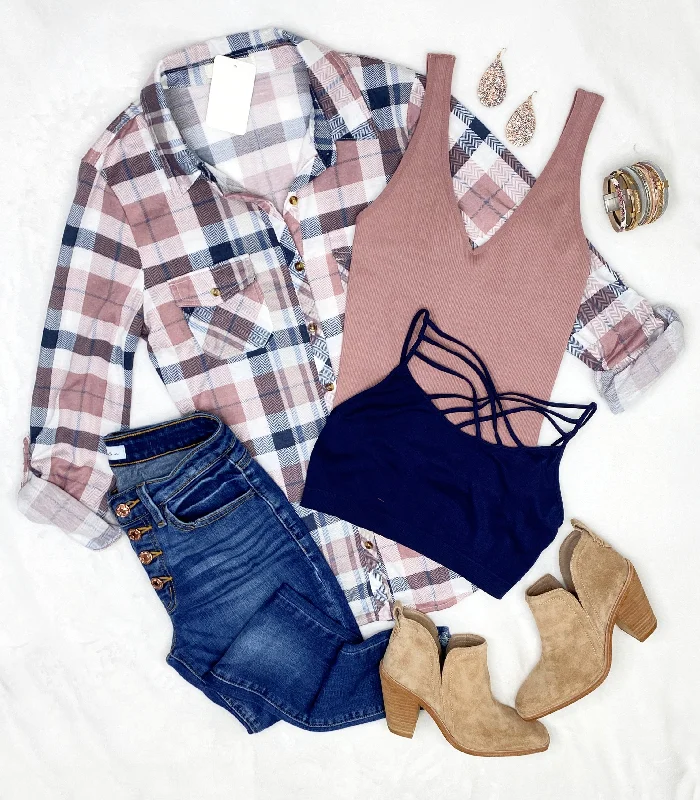 Penny Plaid Flannel Top - Navy/Rose