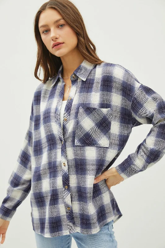 Juliette Oversize Flannel Long Sleeve Top Blue