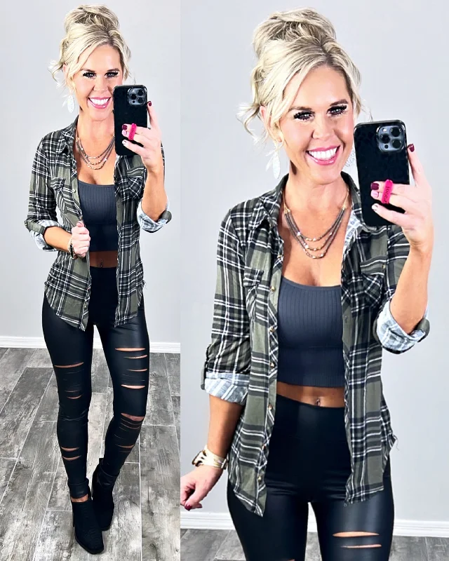 Penny Plaid Flannel Top - Olive/Black