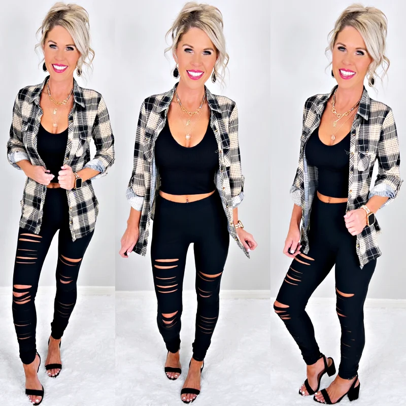 Penny Plaid Flannel Top - Black/Taupe