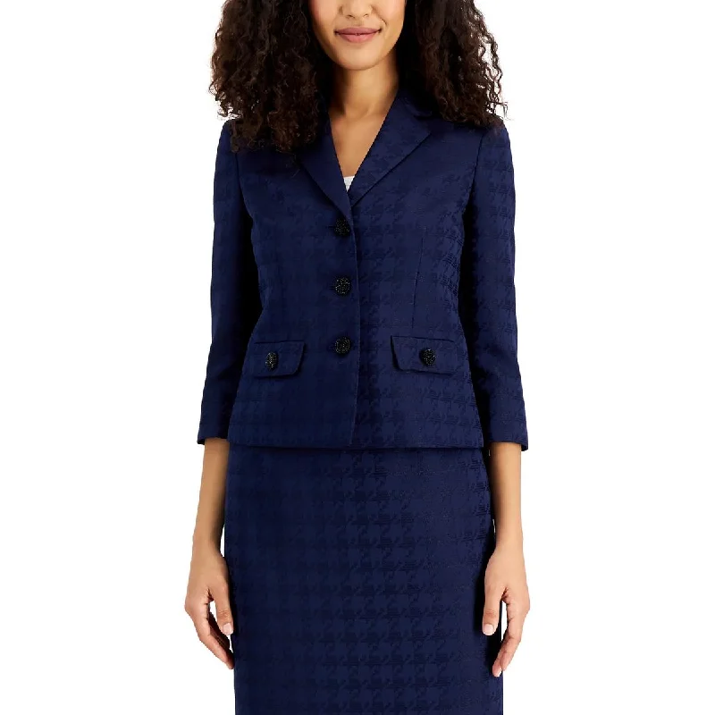 Le Suit Womens Petites Jacquard Houndstooth Double-Breasted Blazer