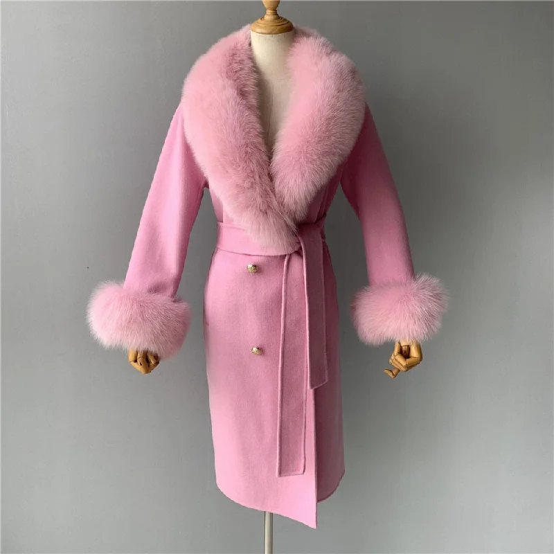 Women's Pink Cashmere Wool Natural Fox Fur Collar Long Winter Jacket