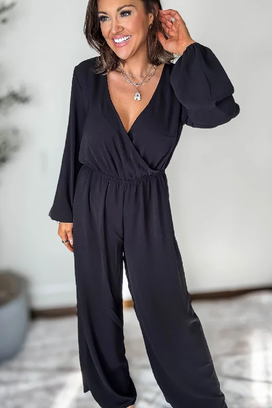 Lead Me Black Airflow Surplice Jumpsuit