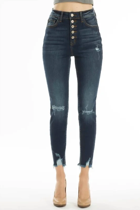 High Rise Distressed Knee Jean In Dark Wash