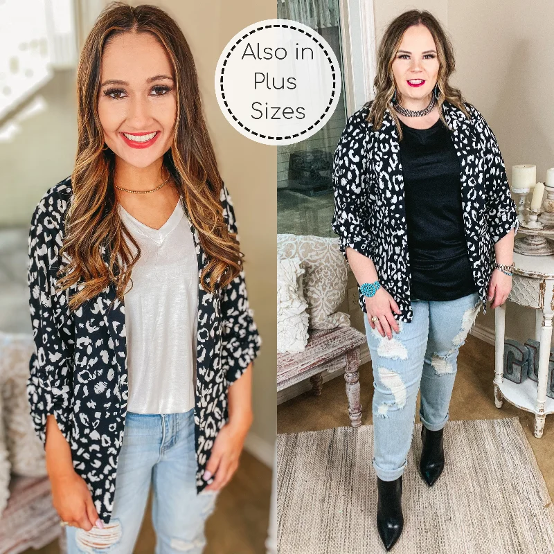 Last Chance Size Small | Out Of Office Leopard Print Open Front Blazer with Long Sleeves in Black