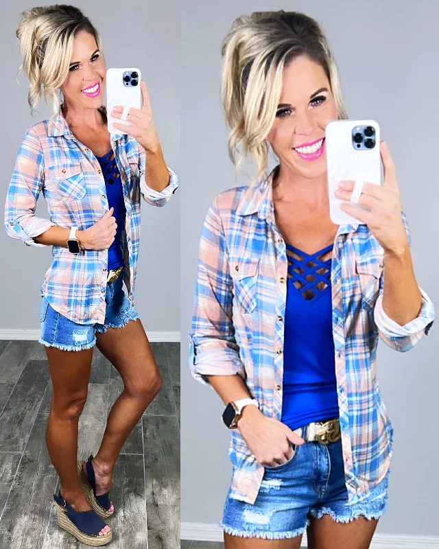 Penny Plaid Flannel Top - Blue/Rose