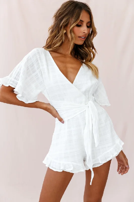 Karin Frill Trim Waist Tie Romper White