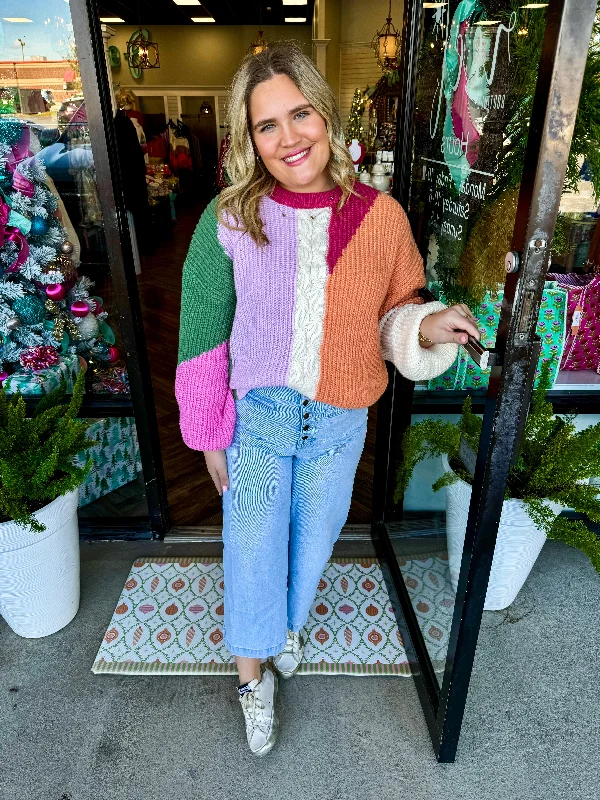 Color Block Cozy Knit Sweater: Berry Mix