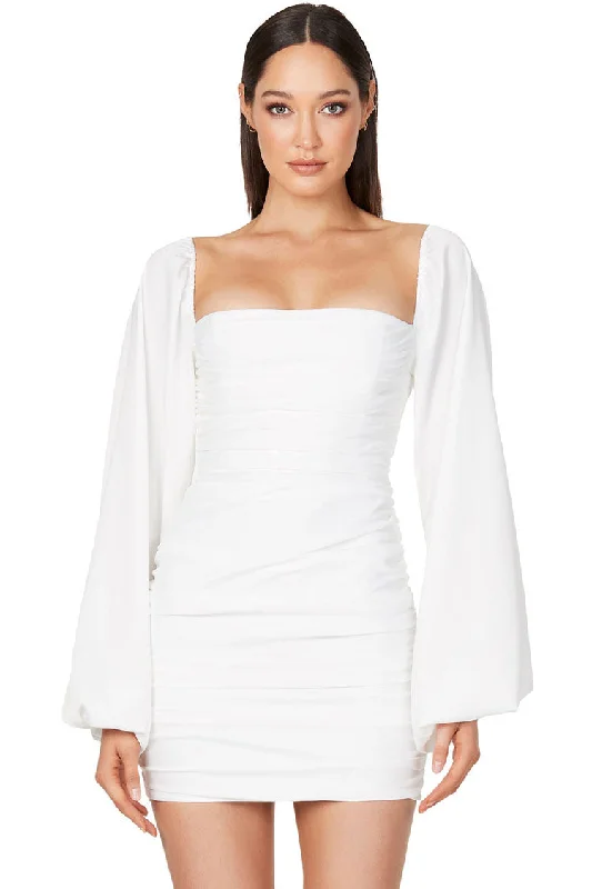 Silky Satin Square Neck Bishop Sleeve Ruched Party Mini Dress - White