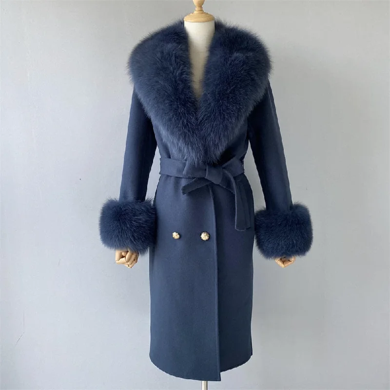 Women's Dark Blue Cashmere Wool Blends Real Fur Collar Long Winter Jacket