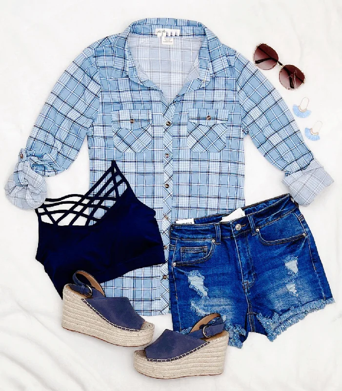 Penny Plaid Flannel Top - Denim/Ivory